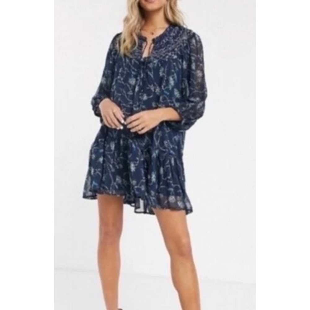 Free People Keeping Up With Kara Mini Dress XS Navy Floral Smocked Boho  Sheer